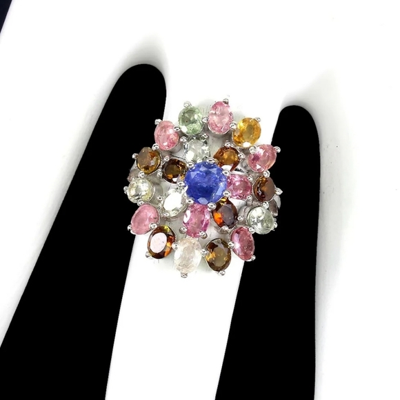 Round Blue Natural Tanzanite 5mm & Tourmaline 925 Sterling Silver Ring Size 6 - Picture 3 of 3